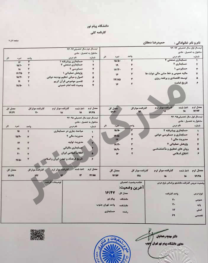 نمونه ریز مدارک کارشناسی پیوسته حسابداری خریداری شده از ما با مهر برجسته و اصلی